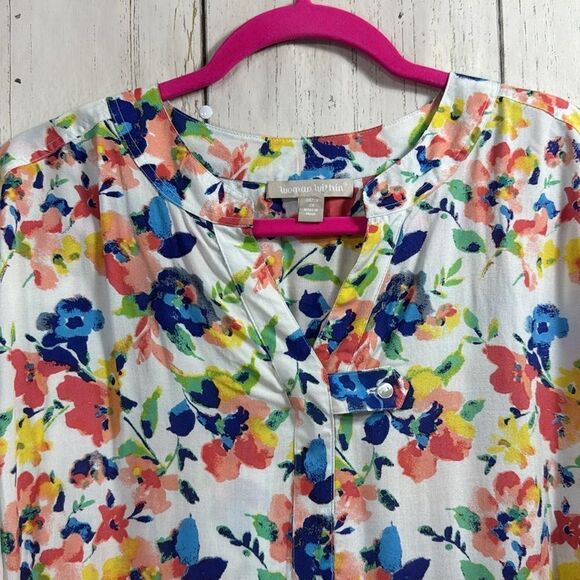 Woman Within Womens Plus Quarter Sleeve Tab Front Floral Flowy Tunic Blouse - Picture 2 of 16